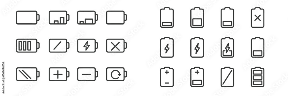 Poster collection of battery icons representing various charge levels and statuses for modern devices and e