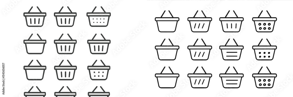 Aufkleber stylized illustration featuring various basket designs in a grid layout on a simple background