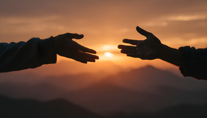 Two hands reaching towards each other in silhouette. Open palms against a sunrise backdrop with mountainous terrain shadowed.