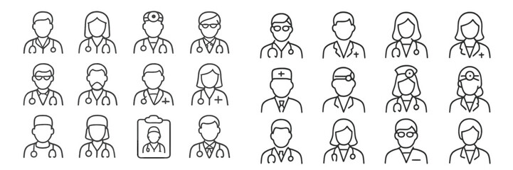 Collection of diverse healthcare professionals in minimalist design showcasing various roles in medicine and care