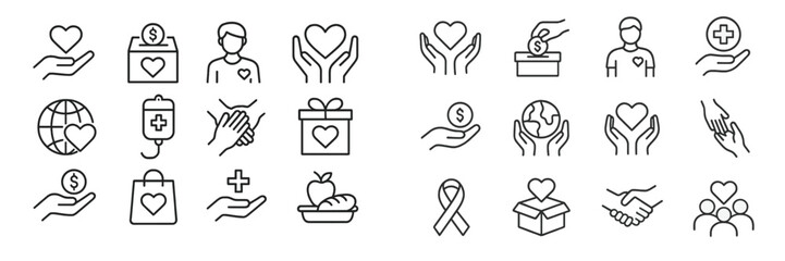 Obraz premium Icons representing community support, donation, and health services in a clean, minimalist design featuring hearts and hands