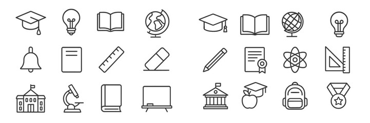 Education icons representing various academic themes and school-related activities shown in a detailed and organized layout