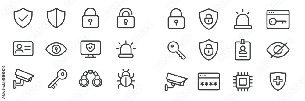 Poster collection of security icons representing safety, privacy, and monitoring in various digital and phy