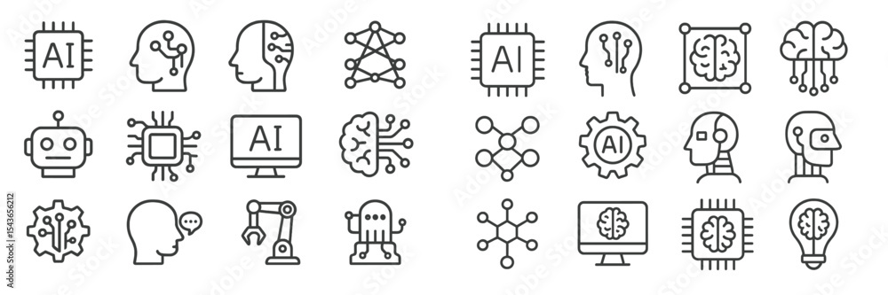 Poster Diverse representations of artificial intelligence concepts and elements in a clean line art style