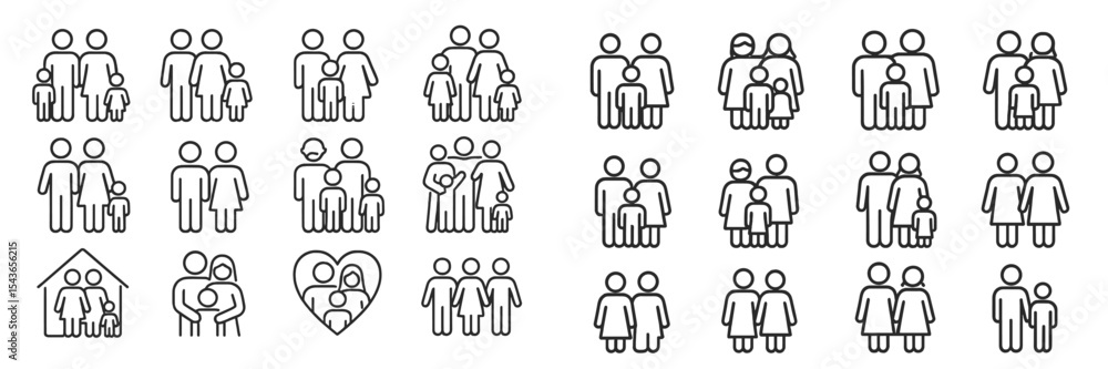 Poster family icon set featuring diverse structures and relationships for various uses in design and commun