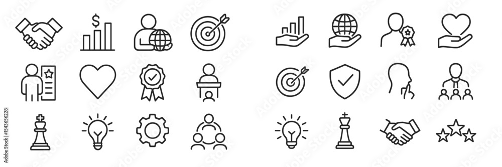 Poster Various icons representing business and teamwork concepts in a minimalist line art style