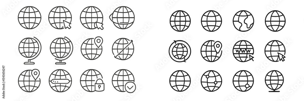 Poster collection of globe icons used for various digital and geographical concepts