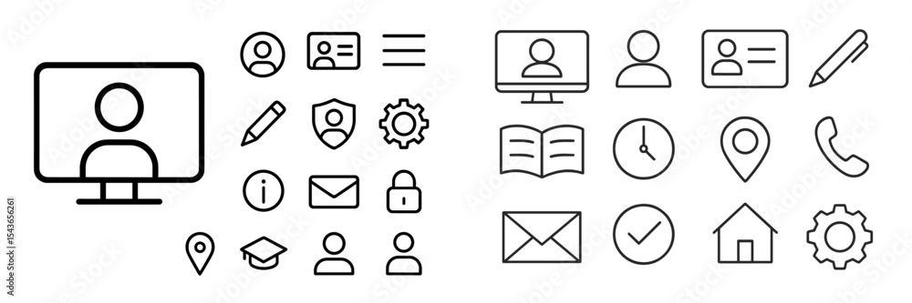 Poster collection of line icons illustrating various digital and communication concepts for business and ed
