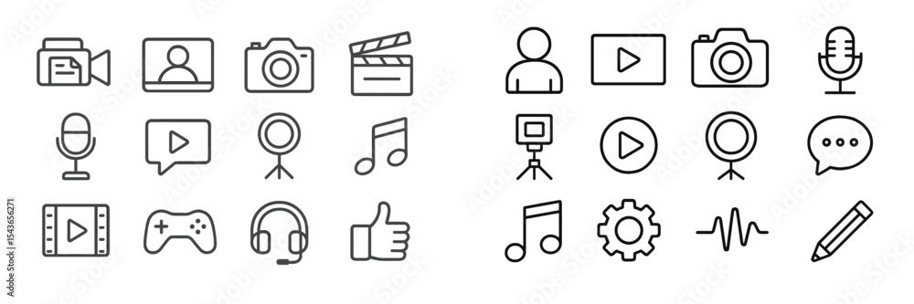 Aufkleber collection of various multimedia icons representing different tools and activities for content creat