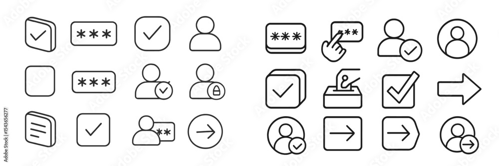Poster Collection of minimalistic icons representing user interactions and verification processes in digital applications