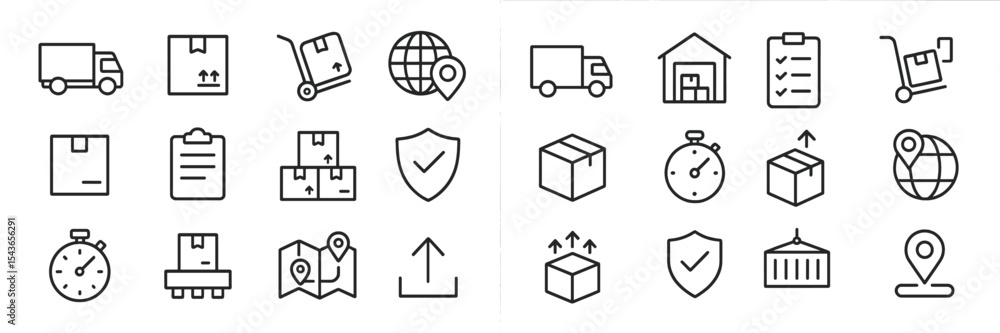 Poster collection of logistics and delivery icons representing various aspects of shipping and transportati