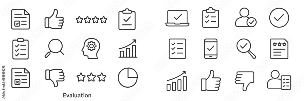 Poster Evaluation icons representing various assessment methods and feedback in a modern workspace setting