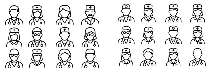 Collection of diverse healthcare professionals engaged in various medical tasks in a clinical environment