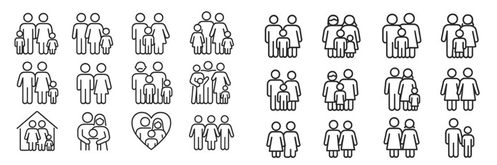 Family icon set featuring diverse structures and relationships for various uses in design and communication