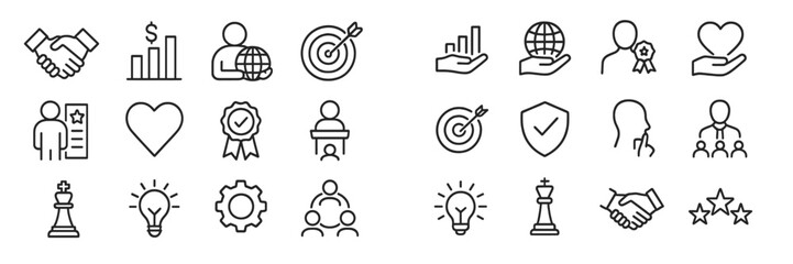 Various icons representing business and teamwork concepts in a minimalist line art style