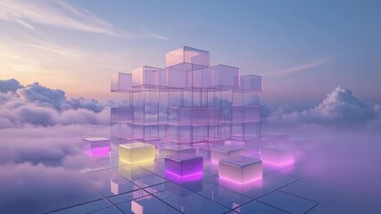 Camera revealing glass cube grid floating on platform at dawn above clouds, rotating pulsing neon - Powered by Adobe