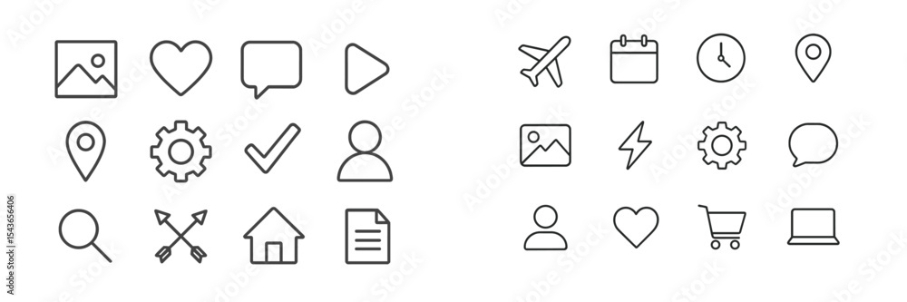 Poster Collection of simple line icons representing various concepts such as travel, communication, and navigation in a minimalist style