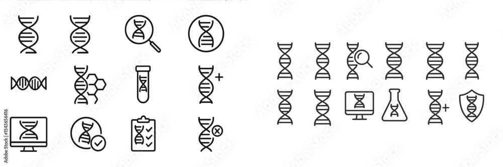 Poster collection of dna icons representing research, analysis, and laboratory activities in scientific con