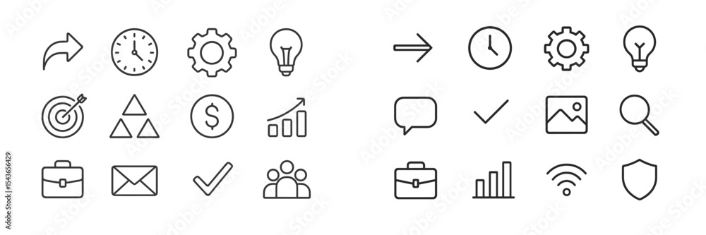 Poster collection of simple icons representing various concepts such as time management, teamwork, and fina