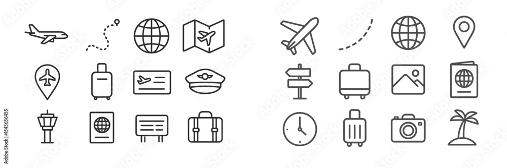 Poster travel icons representing various aspects of global exploration and adventure across sky and land en