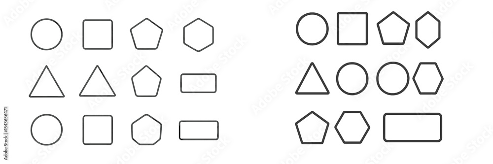 Poster shapes arranged in organized patterns showcasing geometric diversity and symmetry, ideal for educati