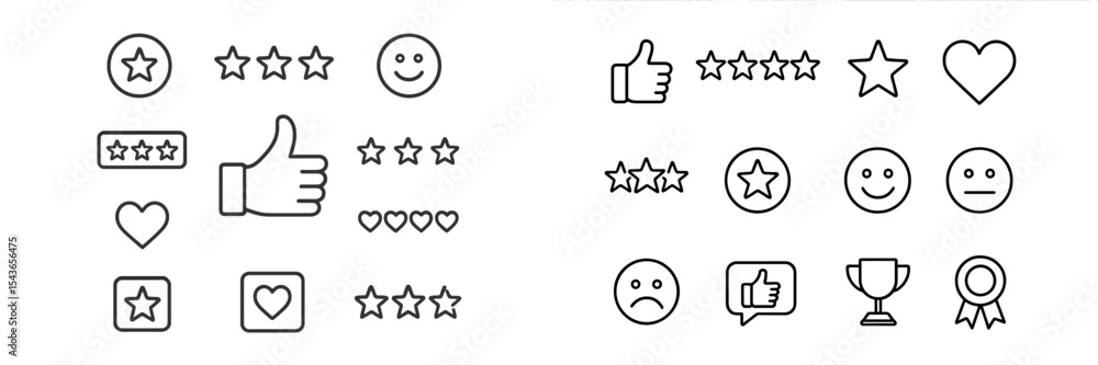 Poster rating symbols and emoticons displayed in simple line art illustrating user feedback and engagement 