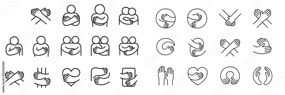 Poster collection of minimalist hand embrace icons representing connection and support in community setting