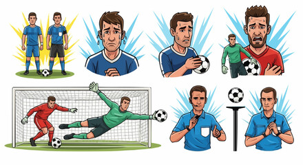 Naklejka premium Cartoon vector illustration of a fun team of soccer players in action