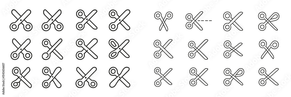 Poster various scissor icons arranged in a grid for design and crafting purposes, suitable for digital and 