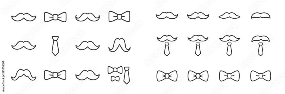 Poster collection of simple outlines featuring mustaches, ties, and bow ties in a playful arrangement for v