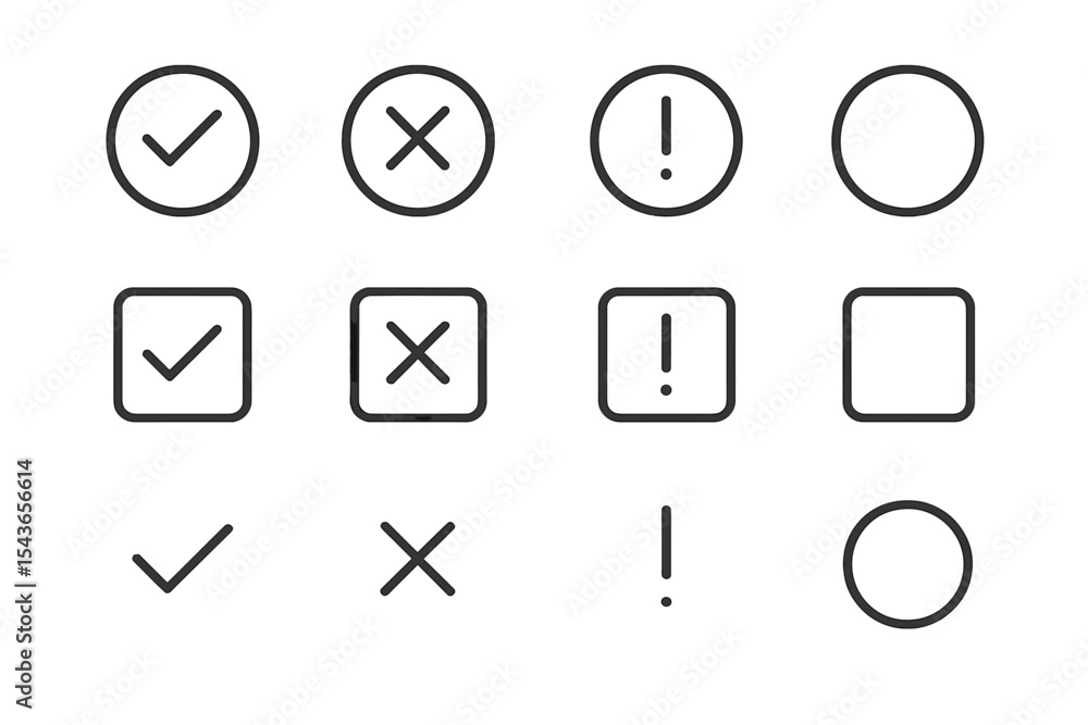 Aufkleber various symbols representing different states of completion and alerts in simple line design