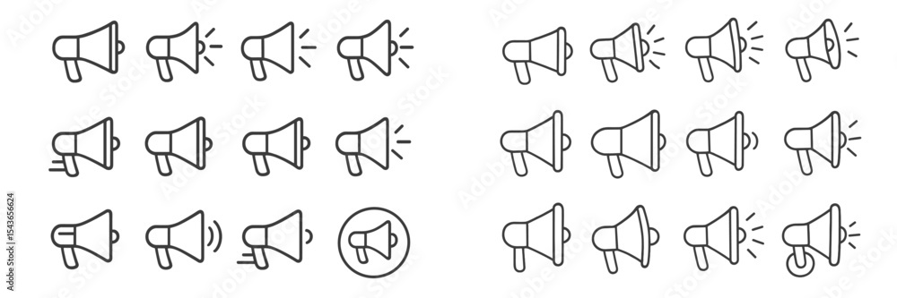 Poster icons representing various states of a megaphone symbolizing communication and announcement features