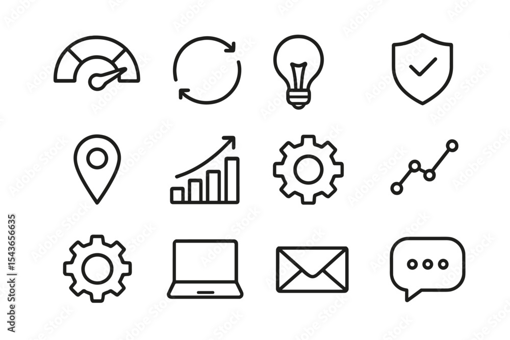 Poster various simple icons depicting concepts of technology, data, and communication in a clean, monochrom