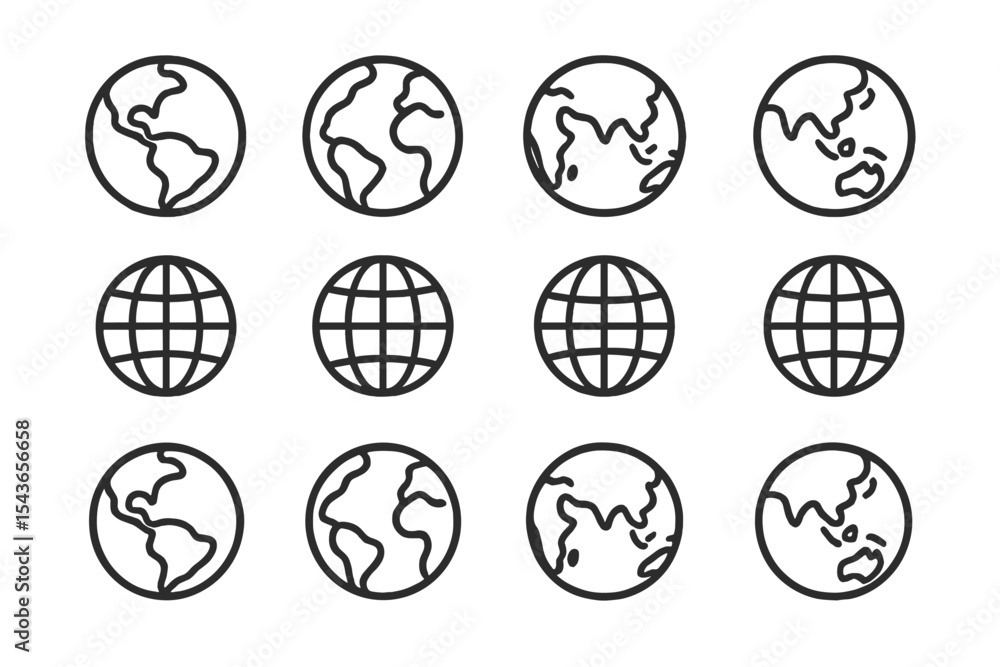 Poster Illustration of globes and world maps arranged in a grid pattern, highlighting geographical features and continents