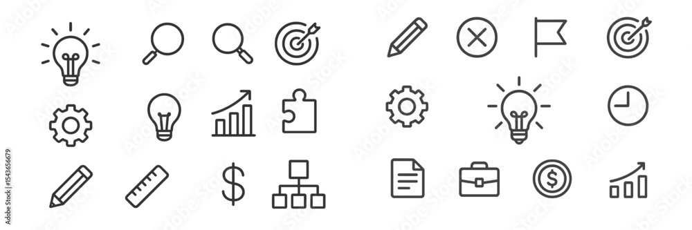 Poster illustrations of business and innovation concepts featuring symbols like light bulbs, gears, and tar