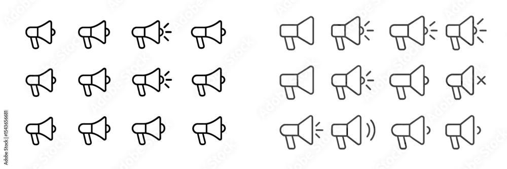 Poster various megaphone icons displayed in different styles and states representing sound and communicatio