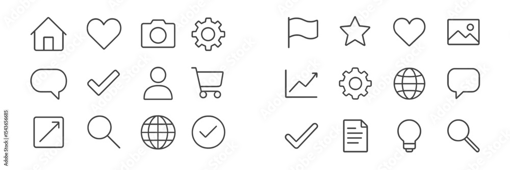Poster Collection of simple line icons representing various concepts and actions in a modern design style