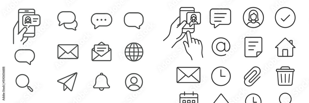 Poster Collection of communication and productivity icons used for digital applications and interfaces in modern technology