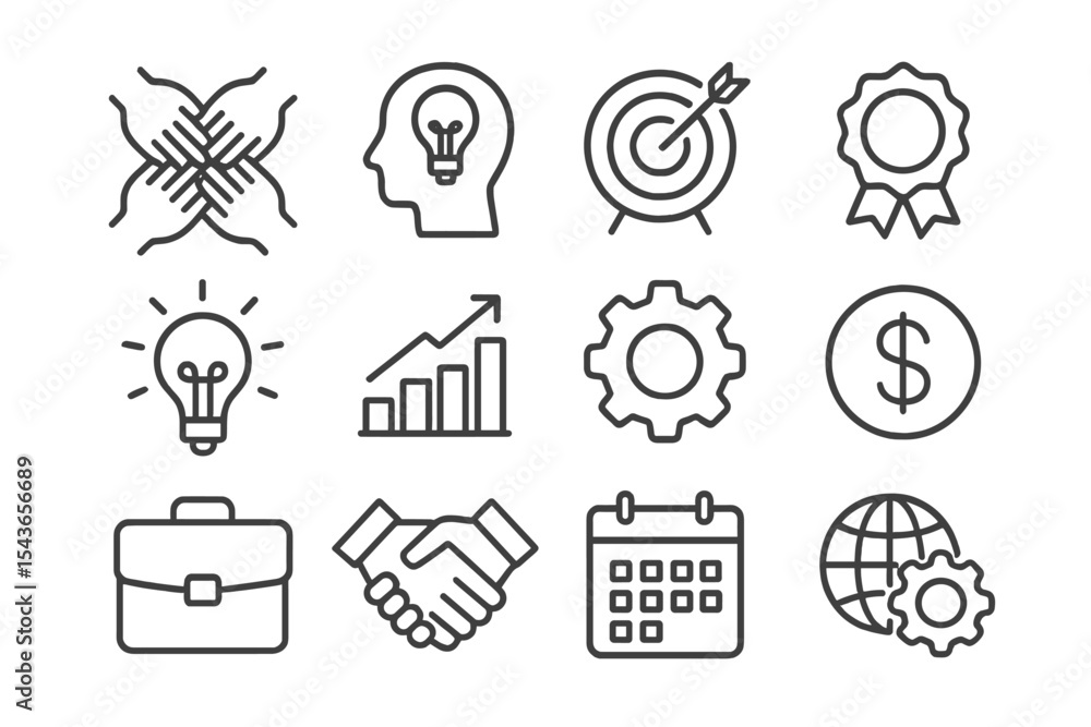 Poster collection of business and idea icons representing innovation, strategy, and collaboration in a mode