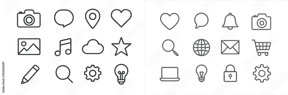Aufkleber collection of outline icons representing various digital and communication symbols on a clean backgr
