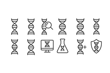 DNA research icons illustrating scientific analysis, technology, and protection in a laboratory setup focused on genetics