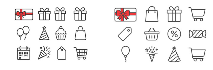 Collection of festive icons including gifts, party supplies, and shopping symbols for celebrations and events