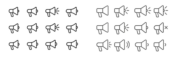 Various megaphone icons displayed in different styles and states representing sound and communication symbols