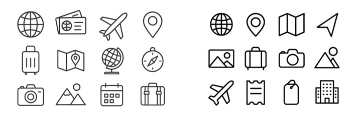 Travel icons collection featuring maps, transportation symbols, and adventure essentials for all travelers