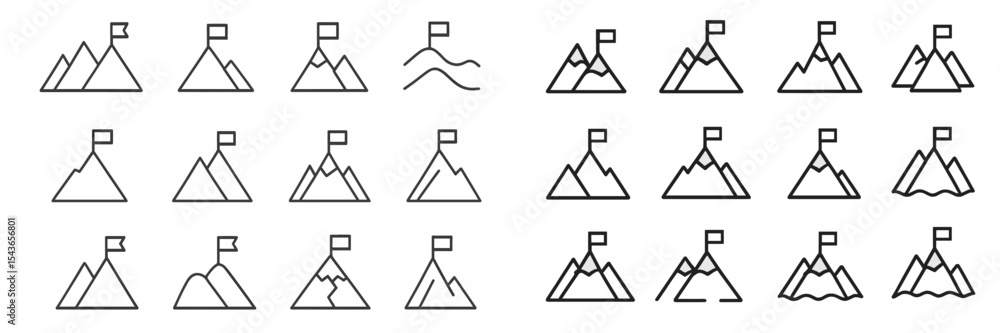 Poster collection of mountain icons featuring flags in various designs showcasing outdoor adventure and exp