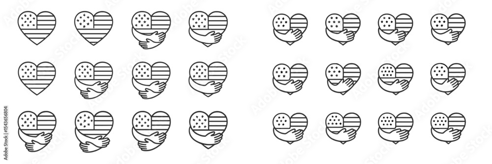 Poster heart designs featuring american flags and hands symbolizing unity and patriotism in a minimalist st