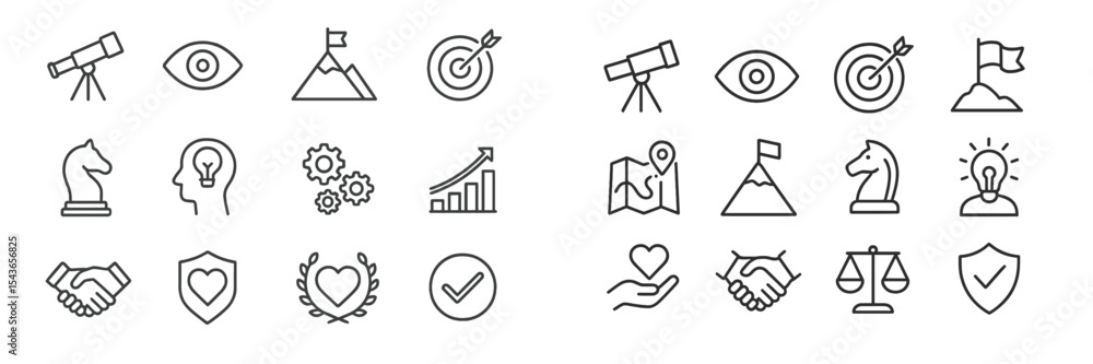 Poster Collection of minimalist line icons representing various concepts such as exploration, achievement, and collaboration in a clean design