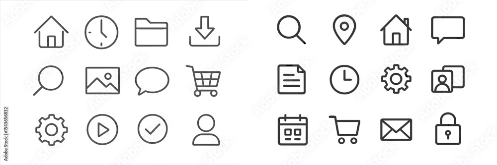 Poster Collection of simple icons representing various functions and actions commonly used in digital interfaces for navigation and communication