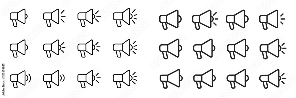 Poster Various megaphone icons arranged in rows showcasing different styles and orientations for design purposes