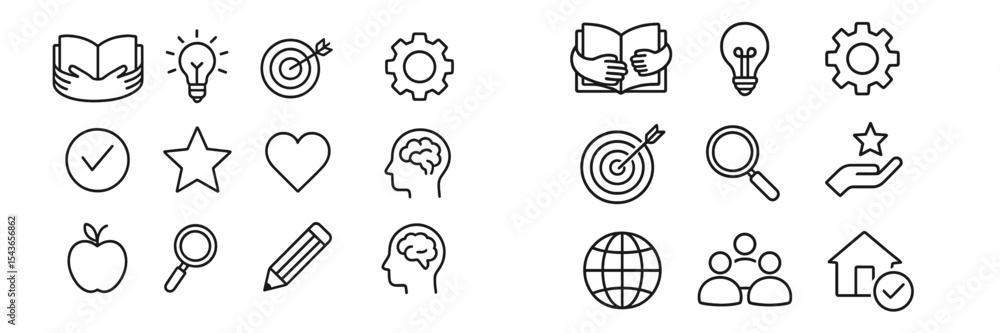 Poster Collection of simple vector icons depicting education, creativity, and collaboration concepts for various uses in design projects